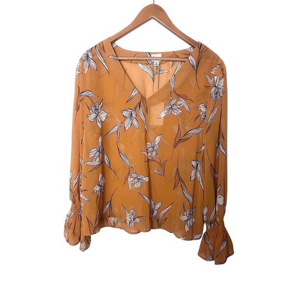 A New Day Women's Sz XL Rust Orange Floral Long Sleeve Sheer Bell Sleeve Top NWT - Picture 1 of 9